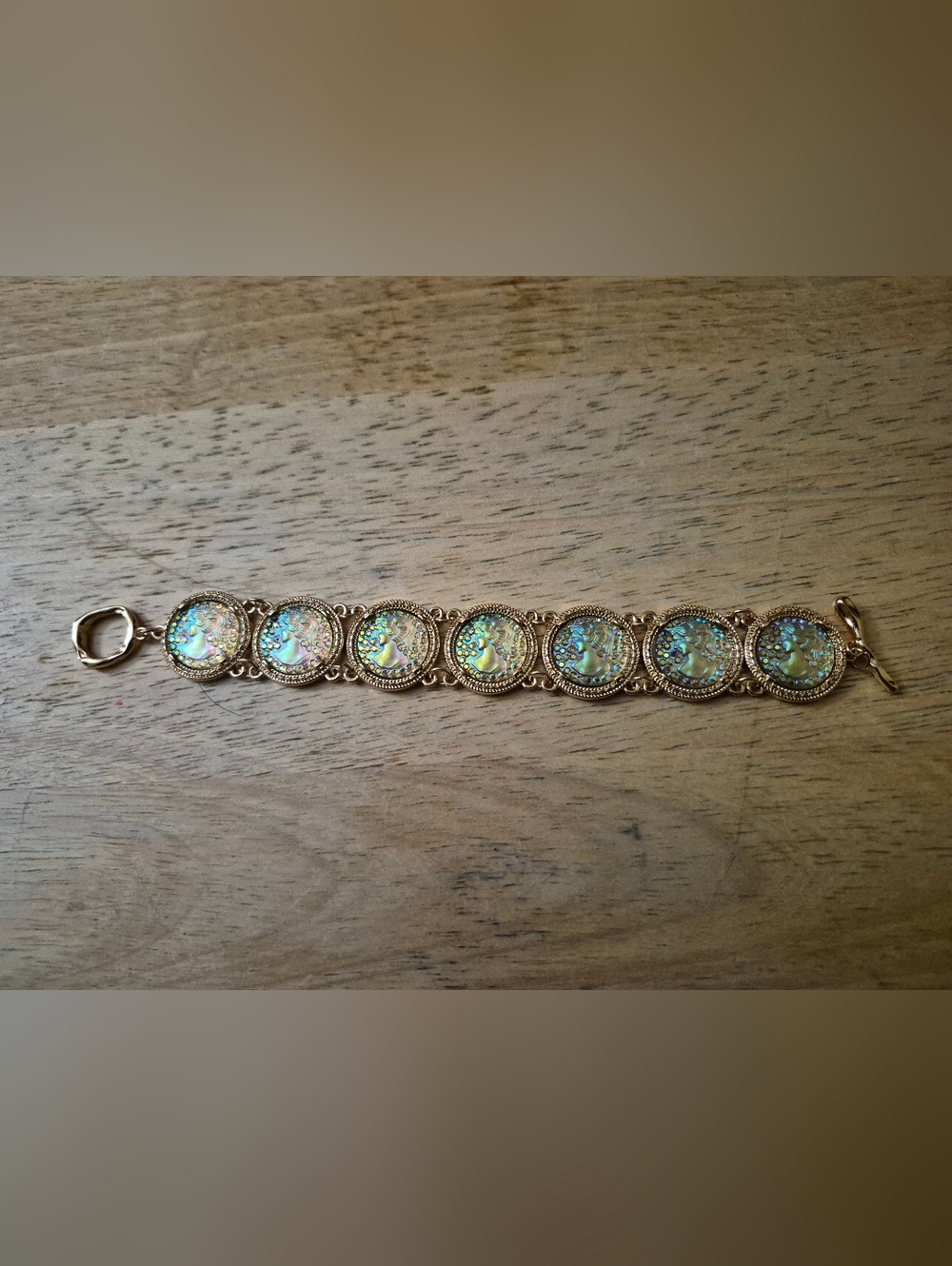 Gold Tone Rainbow Rhinestone Cameo Bracelet